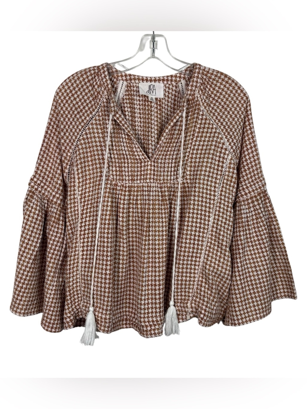 DRA Los Angeles Anthropologie Wide Bell Sleeve Brown Houndstooth Babydoll Top M
